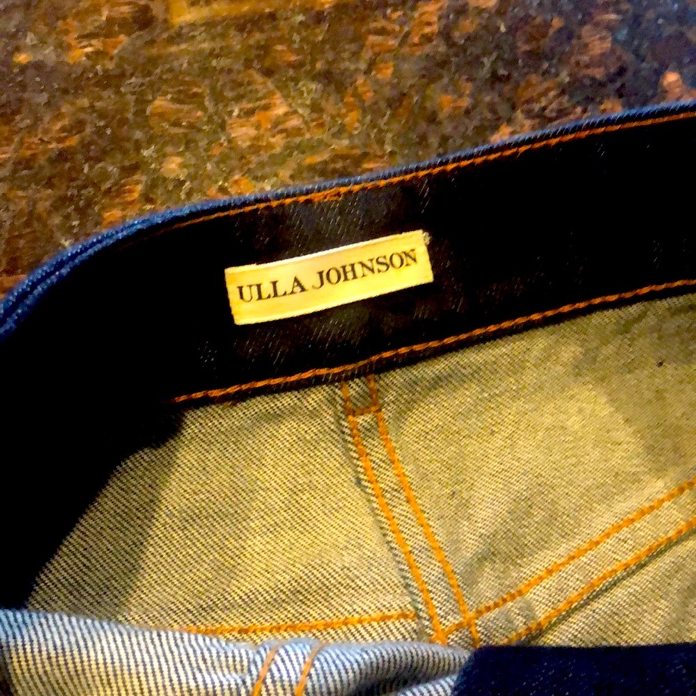 Ulla Johnson high rise jeans. Dark denim button fly. Cinched at the ankle.